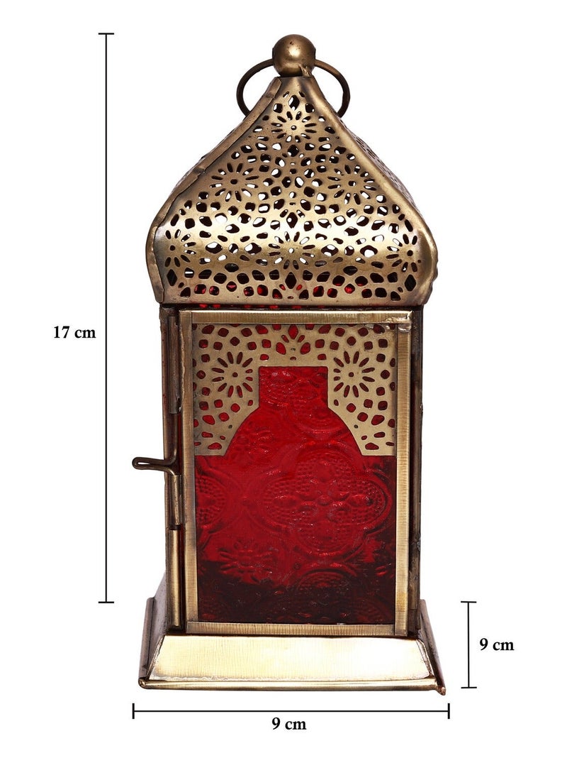 HILALFUL Handmade Decorative Candle Lantern, Medium | Suitable for Indoor & Outdoor Décor | Moroccon Arabian Style | For Home Decoration in Ramadan, Eid | Iron | Islamic Gift | Red Glass - Image 4